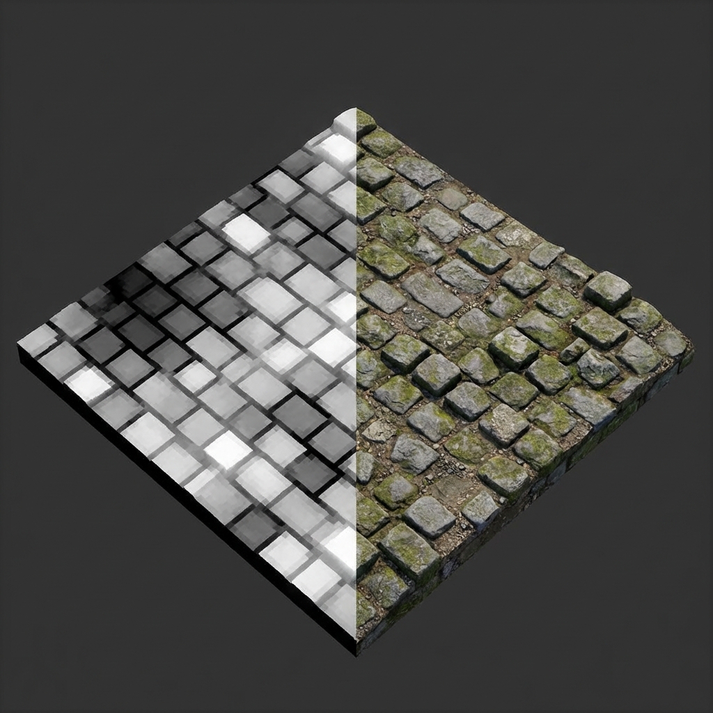 Split view: Grayscale height map data vs. Realistic 3D displacement of cobblestones